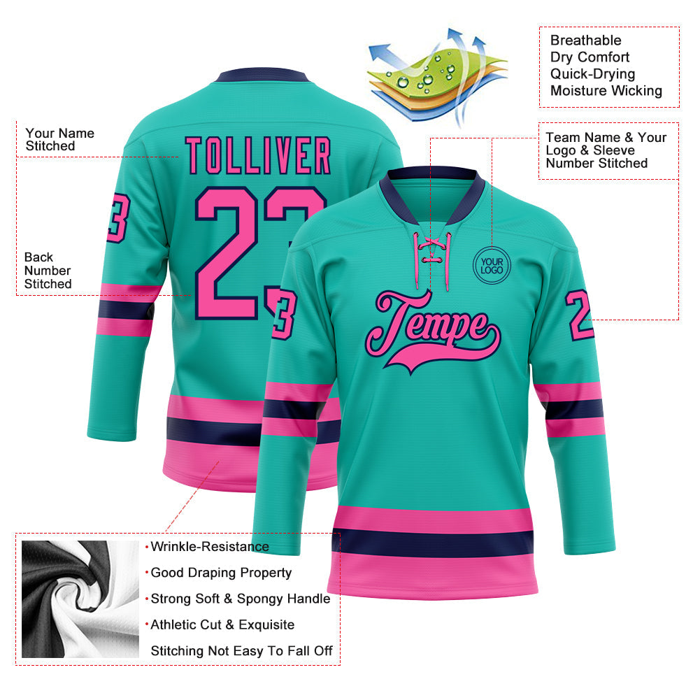 Custom Aqua Pink-Navy Hockey Lace Neck Jersey view 3