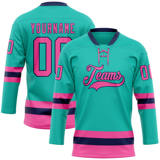 Custom Aqua Pink-Navy Hockey Lace Neck Jersey - Main View