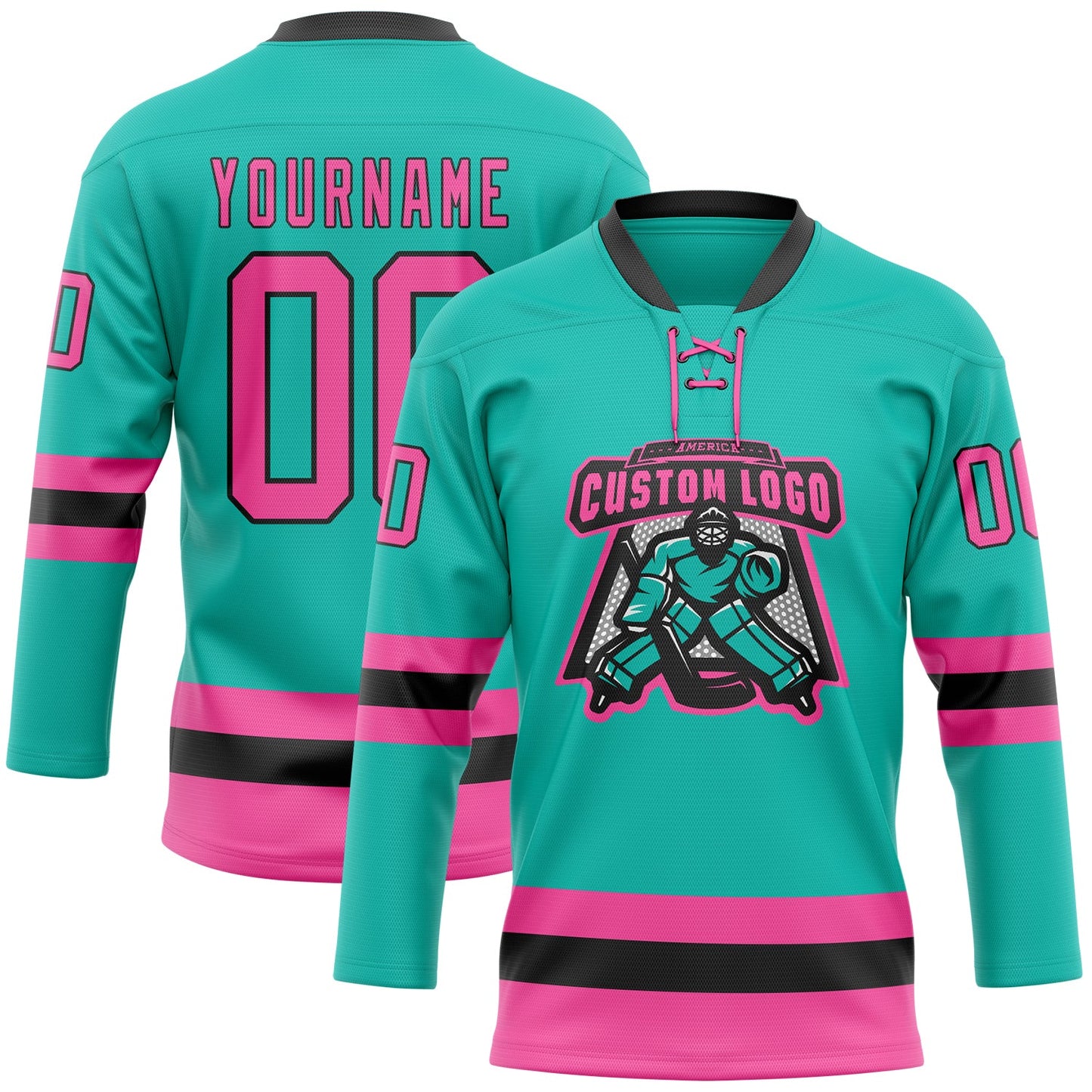 Custom Aqua Pink-Black Hockey Lace Neck Jersey view 2