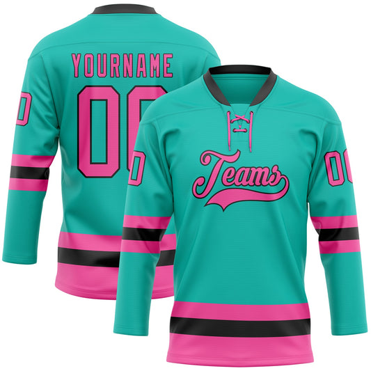 Custom Aqua Pink-Black Hockey Lace Neck Jersey - Main View