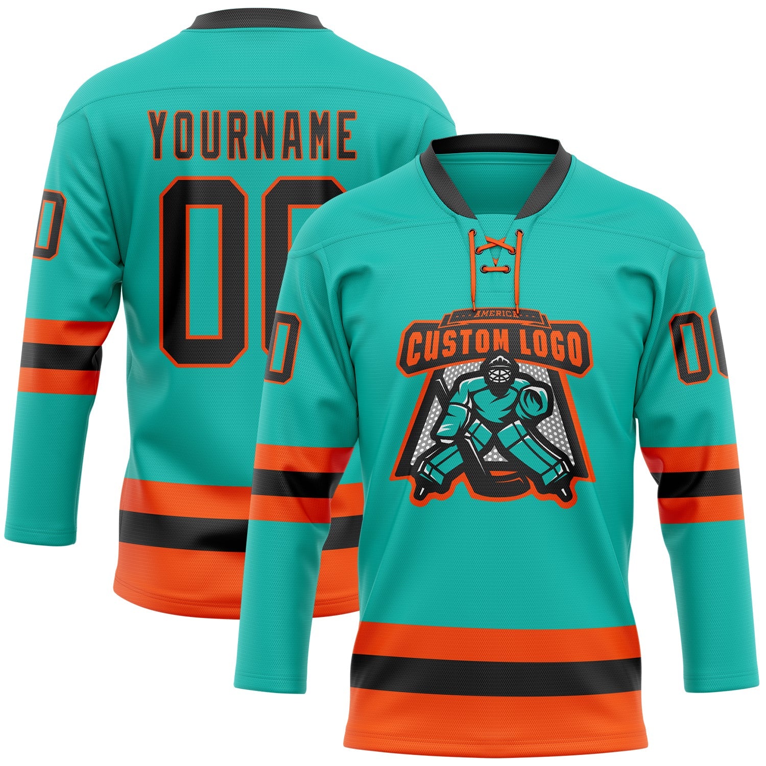 Custom Aqua Black-Orange Hockey Lace Neck Jersey view 2