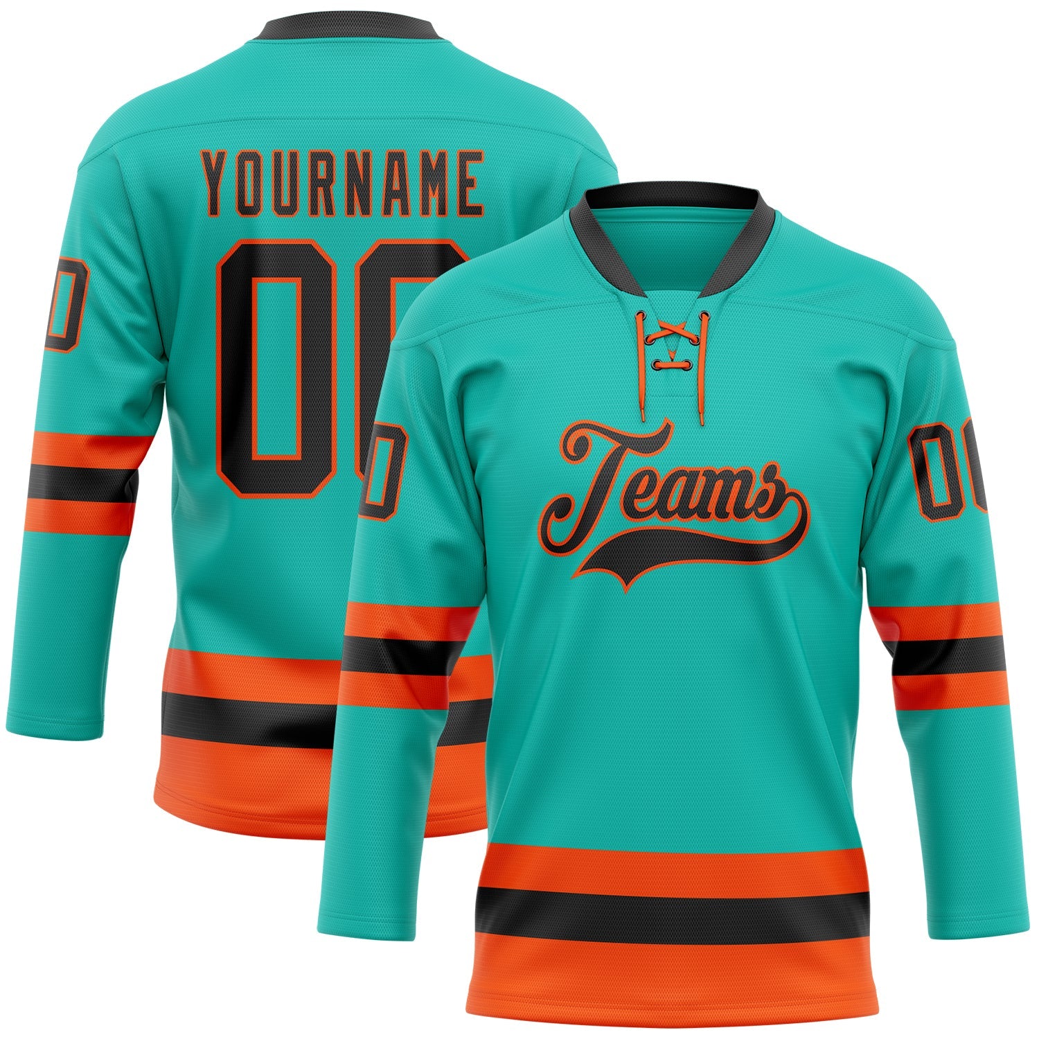 Custom Aqua Black-Orange Hockey Lace Neck Jersey - Main View