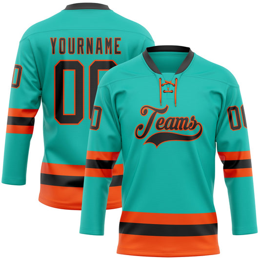 Custom Aqua Black-Orange Hockey Lace Neck Jersey - Main View