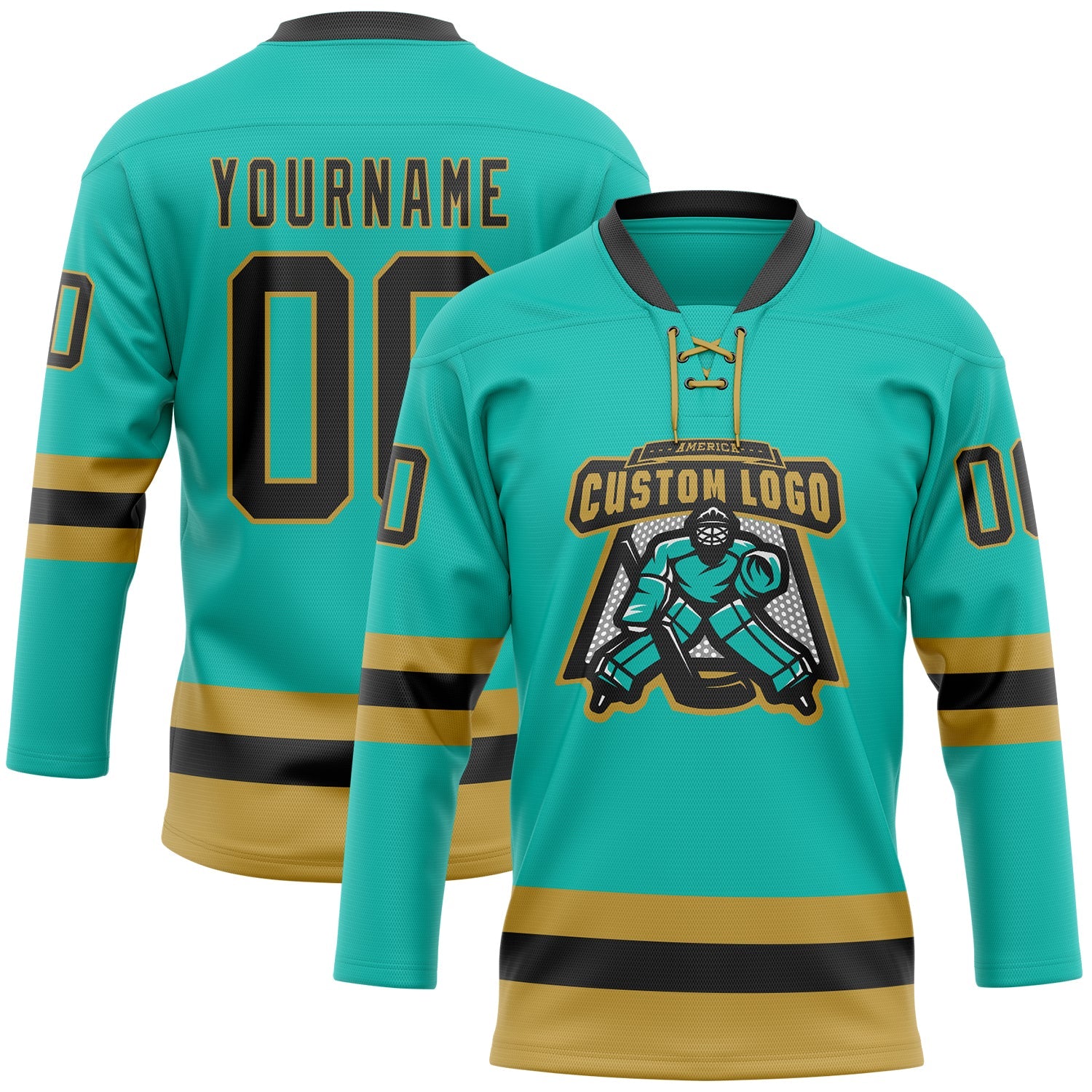 Custom Aqua Black-Old Gold Hockey Lace Neck Jersey view 2