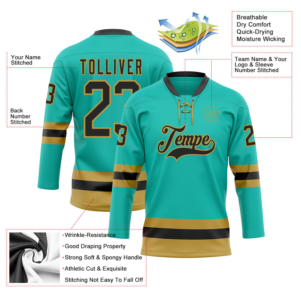 Custom Aqua Black-Old Gold Hockey Lace Neck Jersey view 3