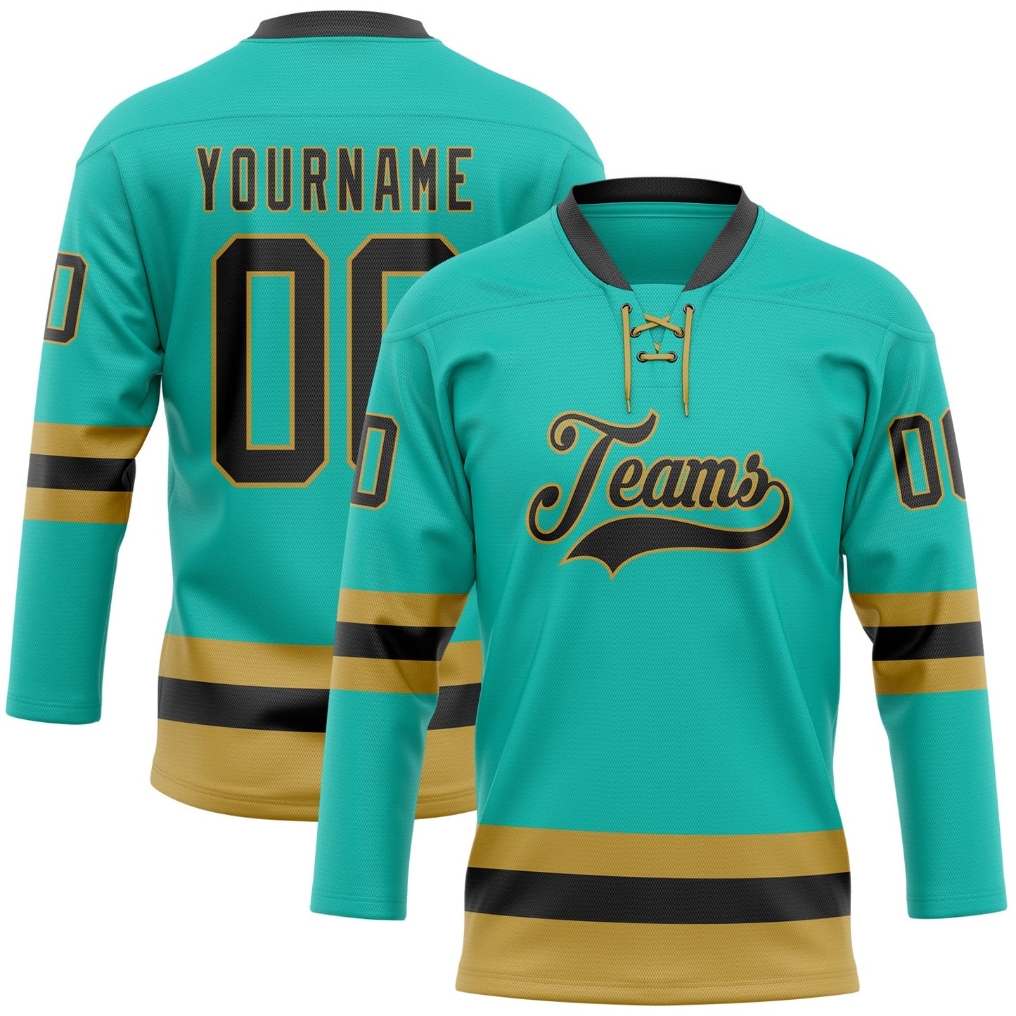 Custom Aqua Black-Old Gold Hockey Lace Neck Jersey - Main View