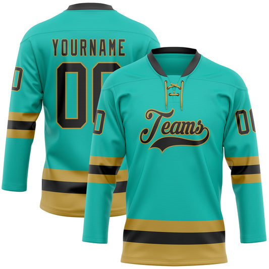 Custom Aqua Black-Old Gold Hockey Lace Neck Jersey - Main View
