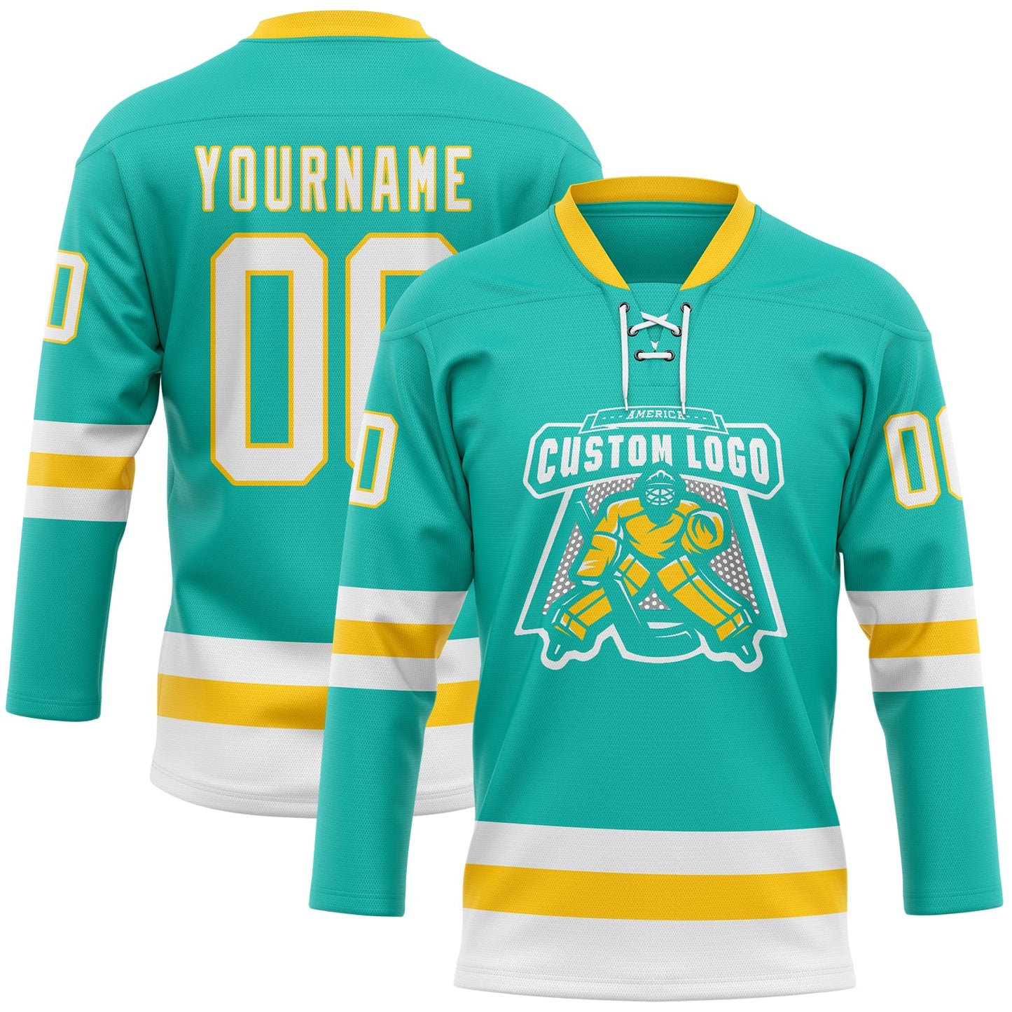 Custom Aqua White-Yellow Hockey Lace Neck Jersey view 2