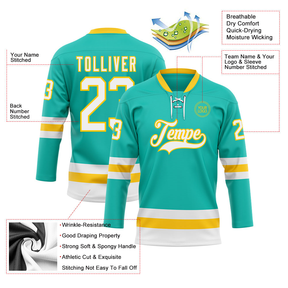 Custom Aqua White-Yellow Hockey Lace Neck Jersey view 3