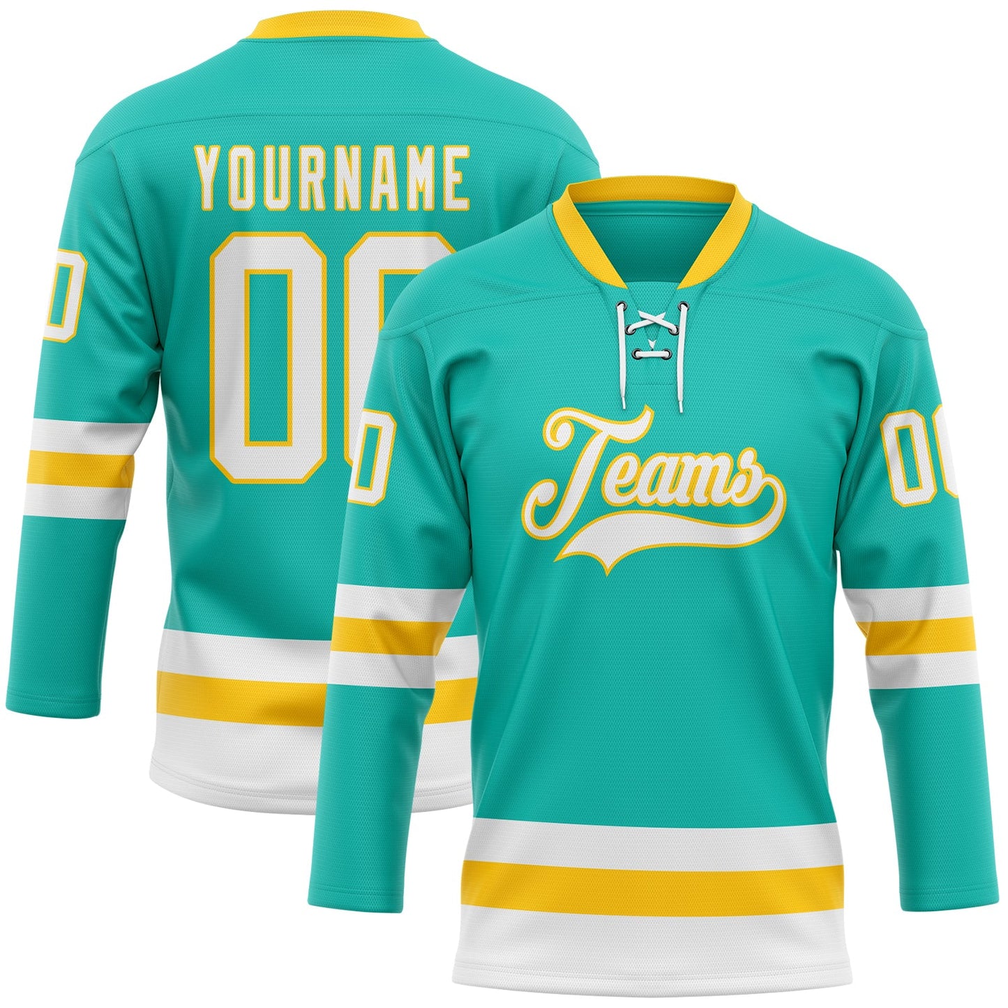 Custom Aqua White-Yellow Hockey Lace Neck Jersey - Main View