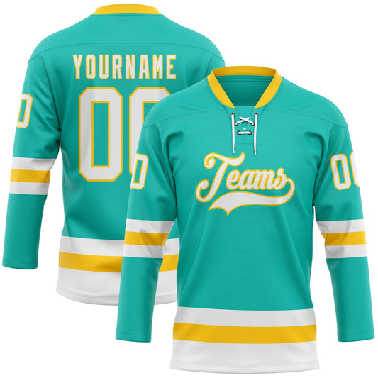 Custom Aqua White-Yellow Hockey Lace Neck Jersey - Main View