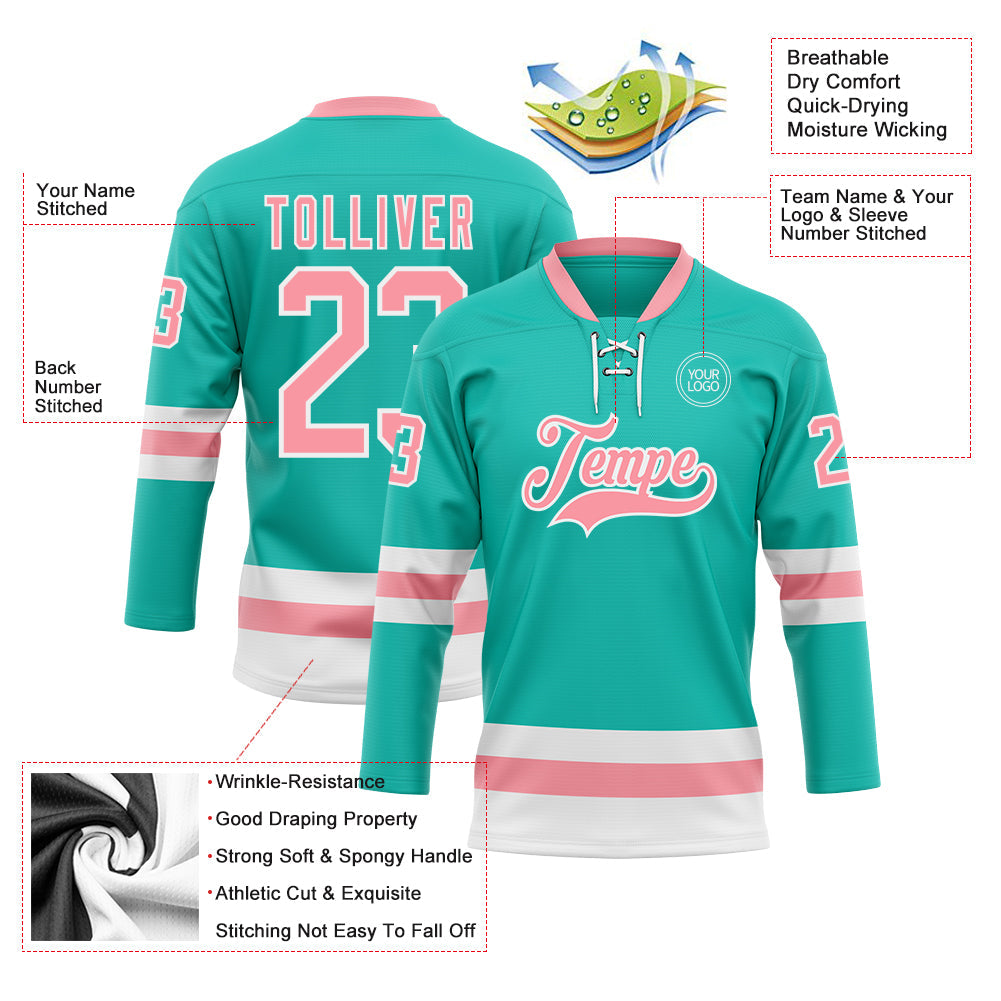 Custom Aqua Medium Pink-White Hockey Lace Neck Jersey view 3