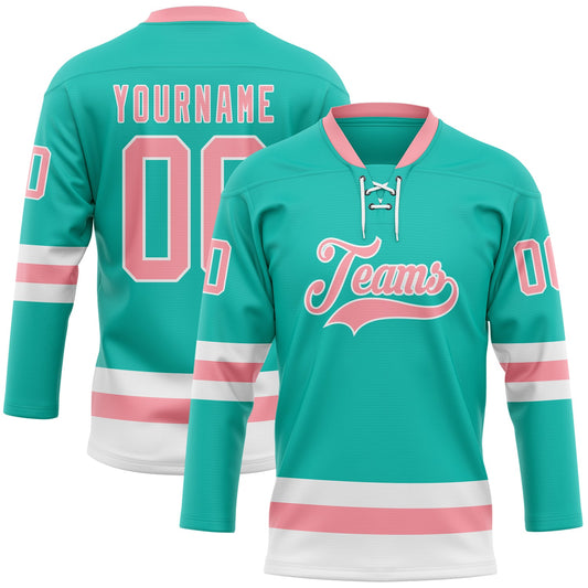 Custom Aqua Medium Pink-White Hockey Lace Neck Jersey - Main View