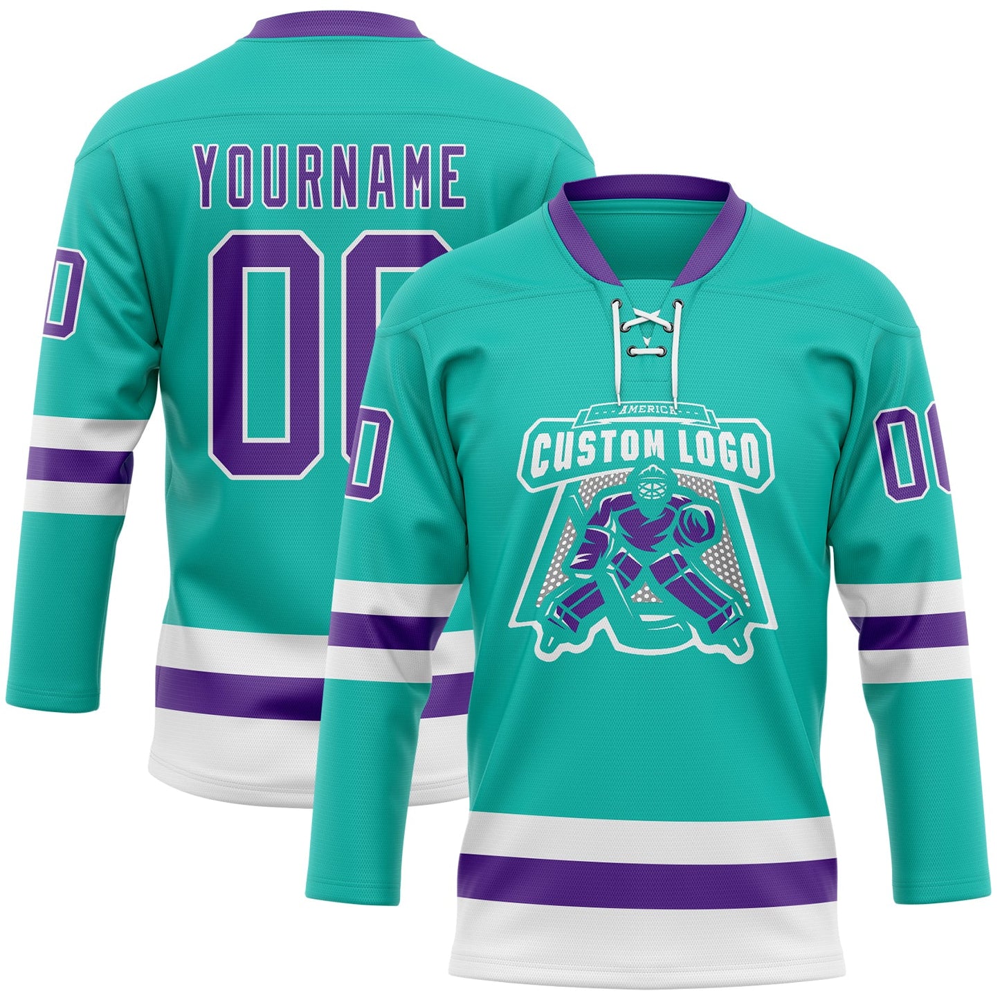 Custom Aqua Purple-White Hockey Lace Neck Jersey view 2