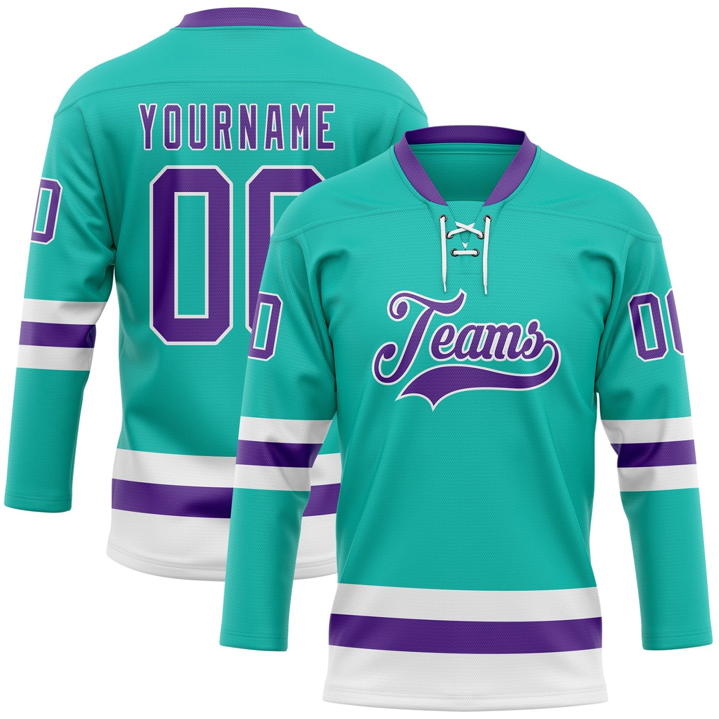 Custom Aqua Purple-White Hockey Lace Neck Jersey - Main View