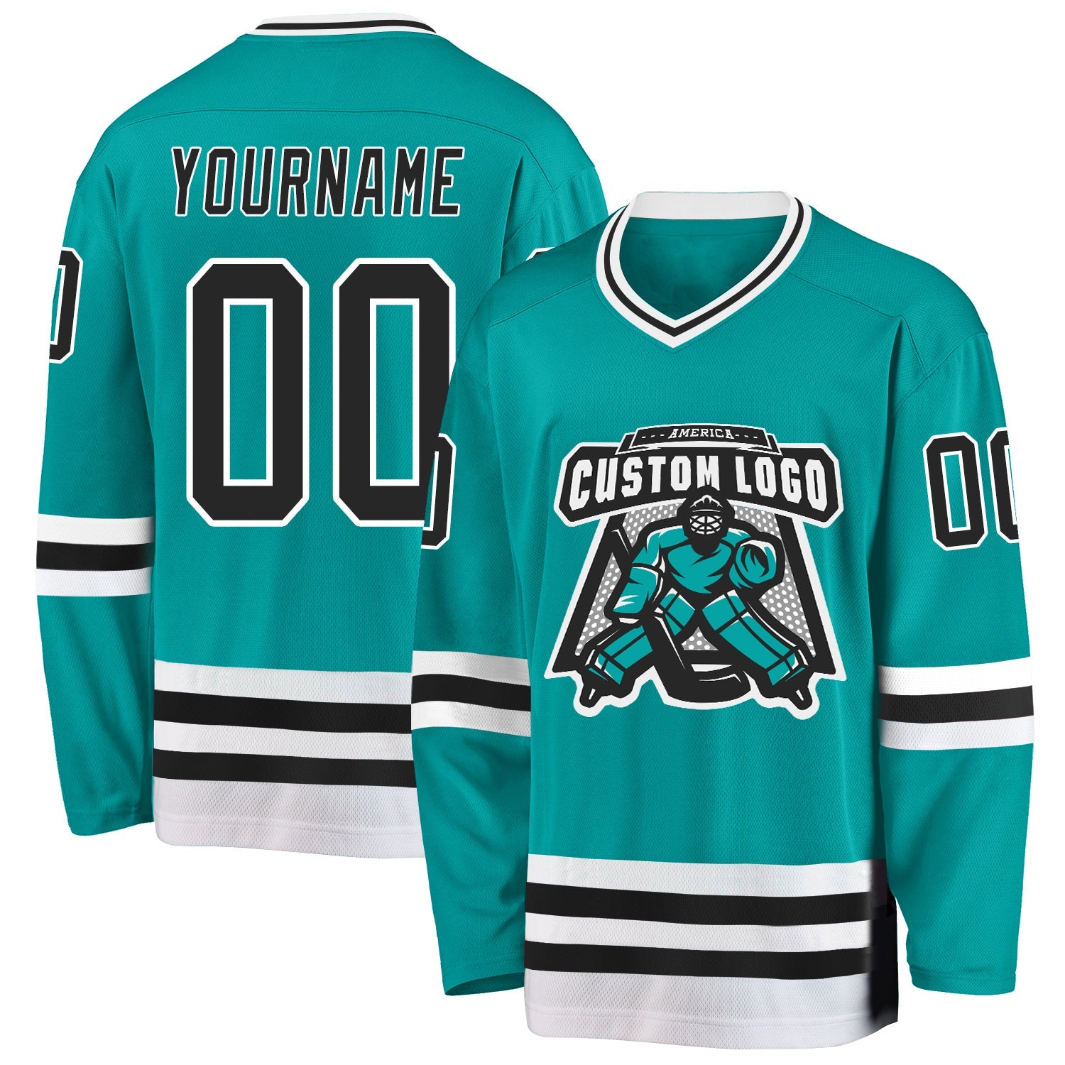 Custom Aqua Black-White Hockey Jersey view 2
