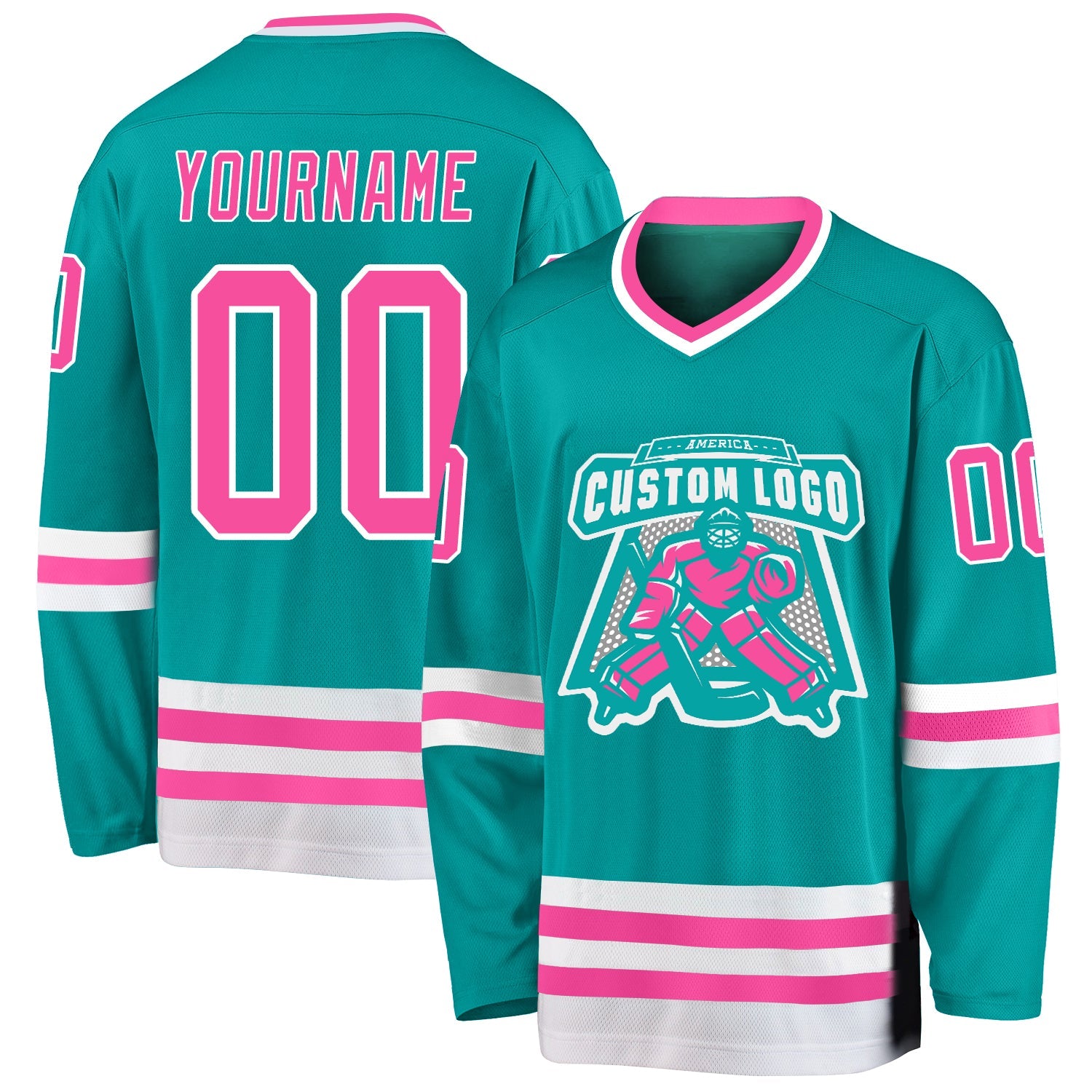 Custom Aqua Pink-White Hockey Jersey view 2