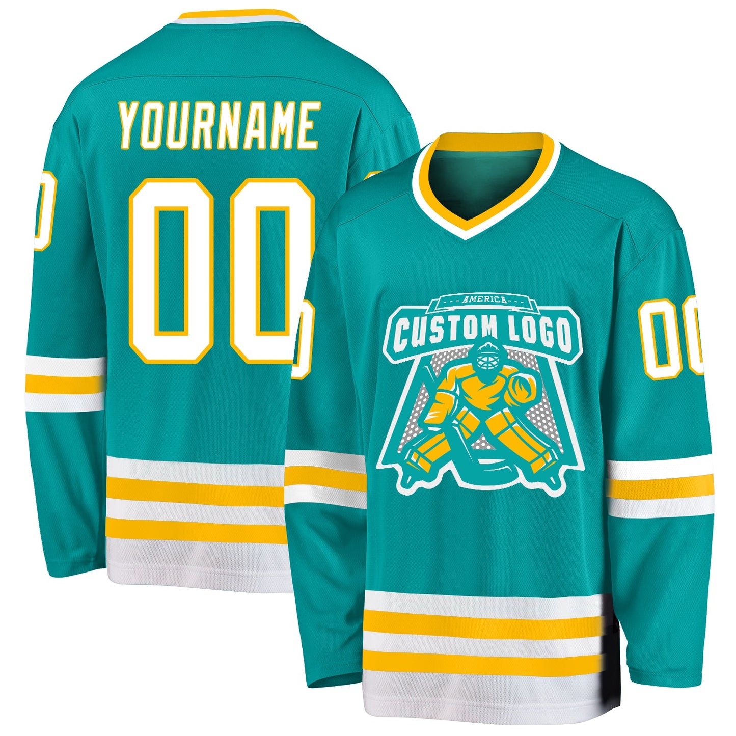 Custom Aqua White-Gold Hockey Jersey view 2