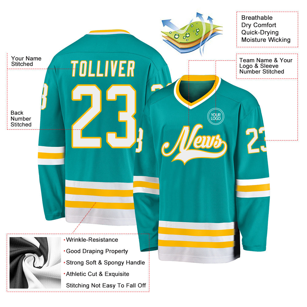 Custom Aqua White-Gold Hockey Jersey view 3
