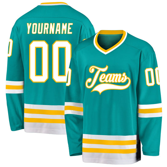 Custom Aqua White-Gold Hockey Jersey - Main View