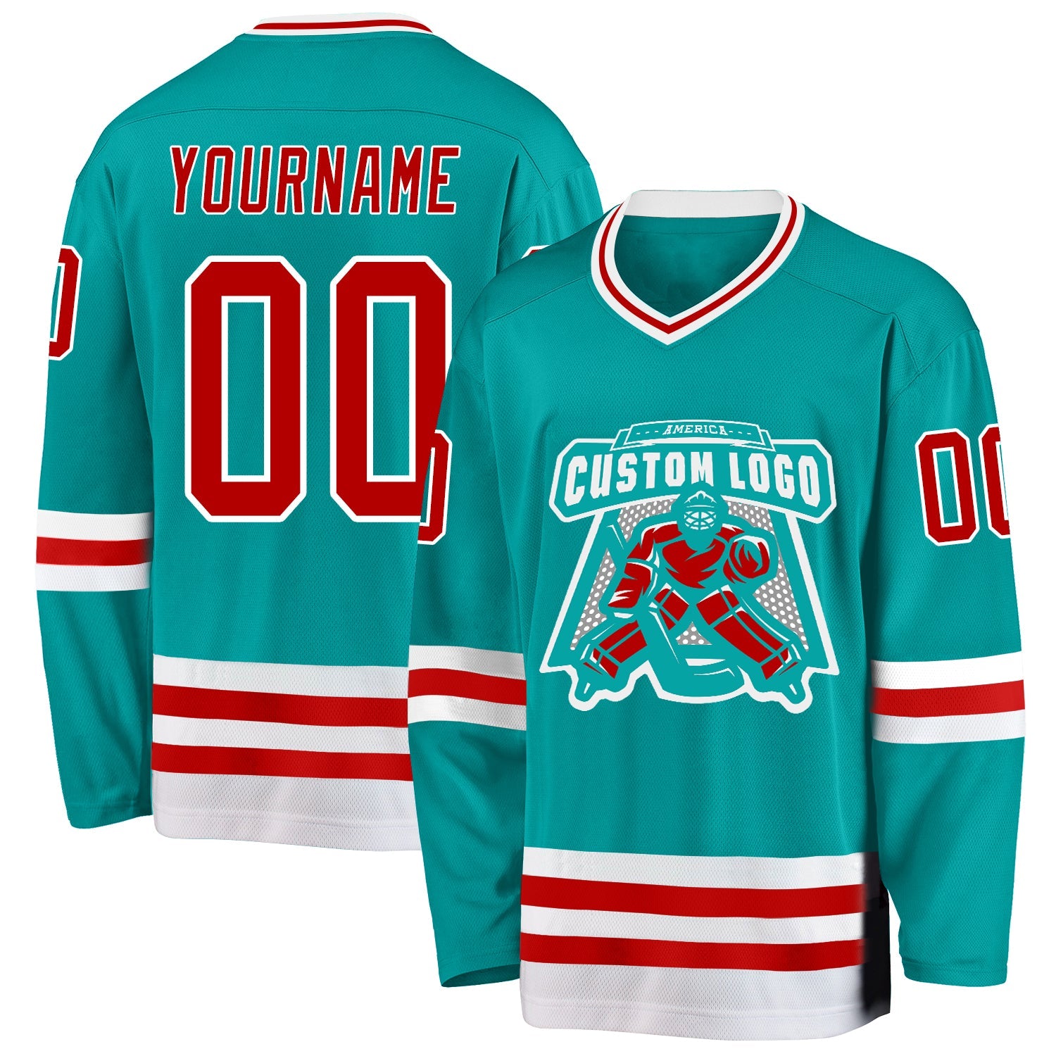 Custom Aqua Red-White Hockey Jersey view 2