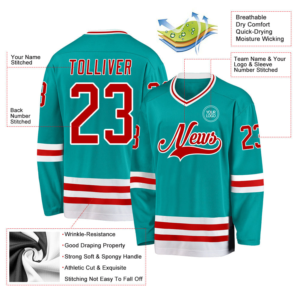 Custom Aqua Red-White Hockey Jersey view 3