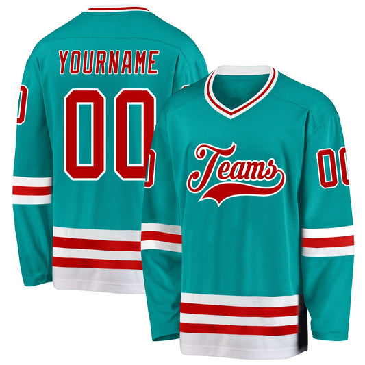 Custom Aqua Red-White Hockey Jersey - Main View