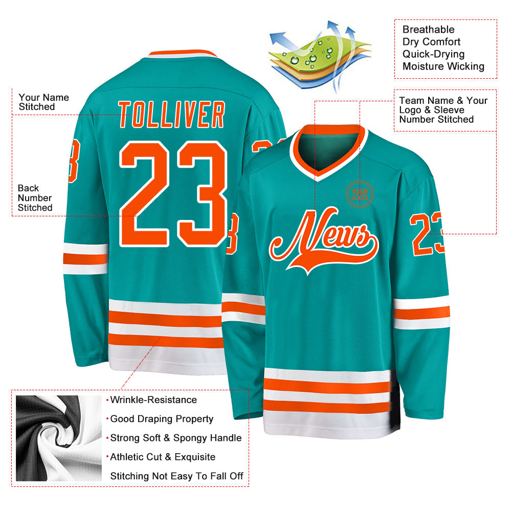 Custom Aqua Orange-White Hockey Jersey view 3