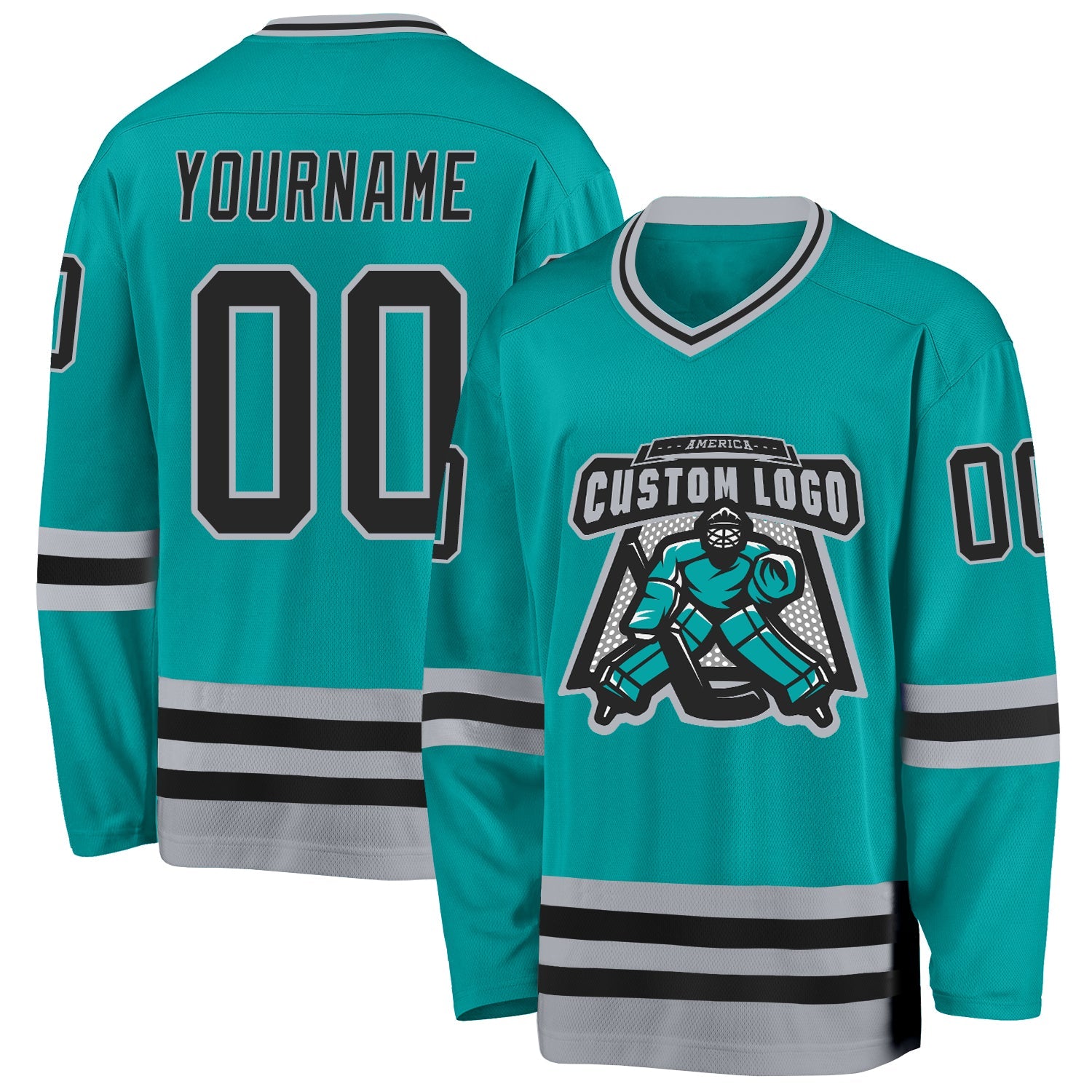 Custom Aqua Black-Gray Hockey Jersey view 2