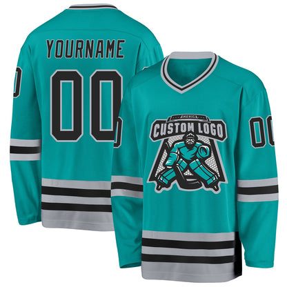 Custom Aqua Black-Gray Hockey Jersey view 2