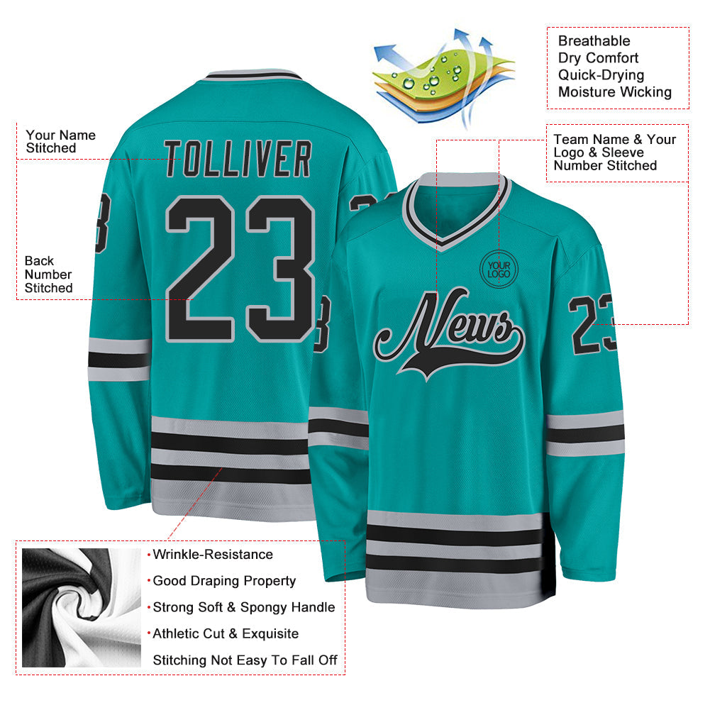 Custom Aqua Black-Gray Hockey Jersey view 3