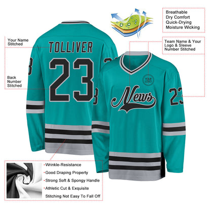 Custom Aqua Black-Gray Hockey Jersey view 3