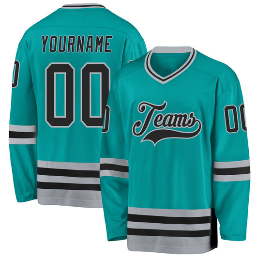 Custom Aqua Black-Gray Hockey Jersey - Main View