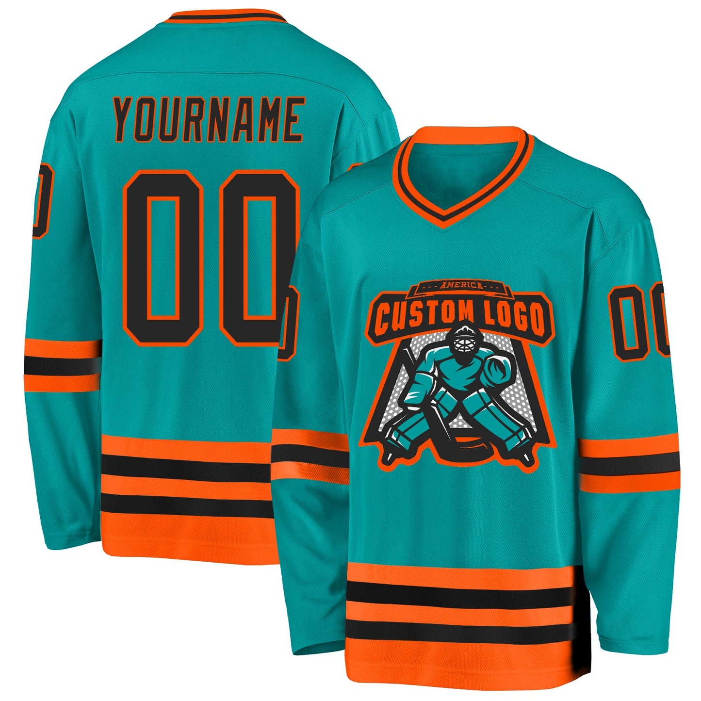 Custom Aqua Black-Orange Hockey Jersey view 2