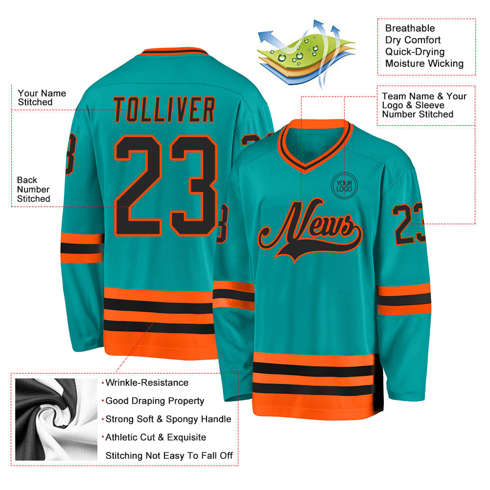 Custom Aqua Black-Orange Hockey Jersey view 3