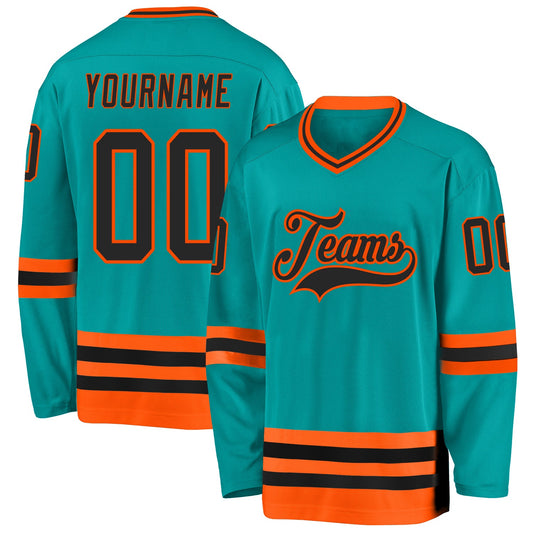 Custom Aqua Black-Orange Hockey Jersey - Main View