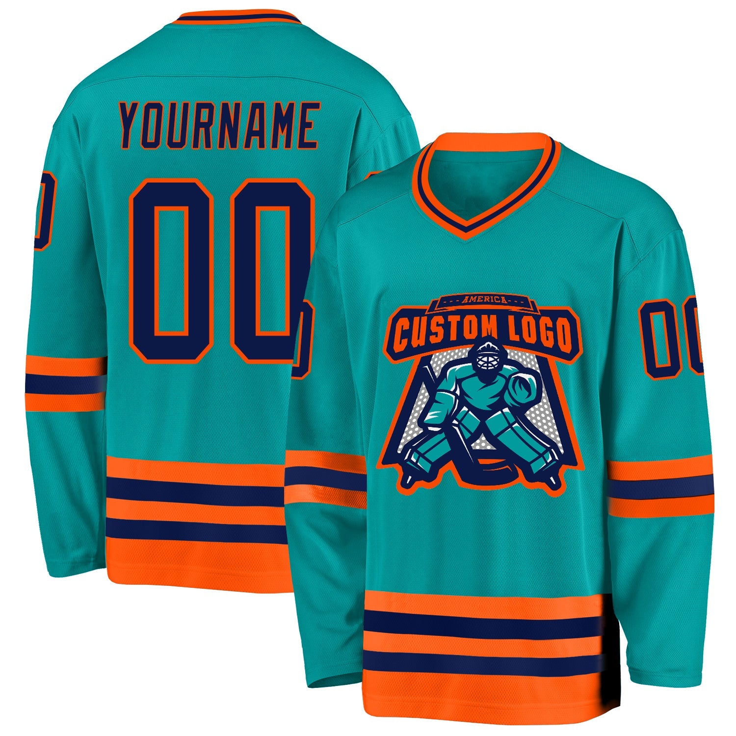 Custom Aqua Navy-Orange Hockey Jersey view 2