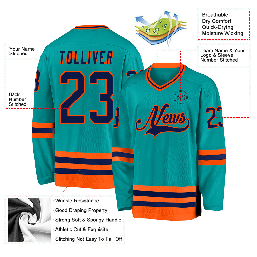 Custom Aqua Navy-Orange Hockey Jersey view 3