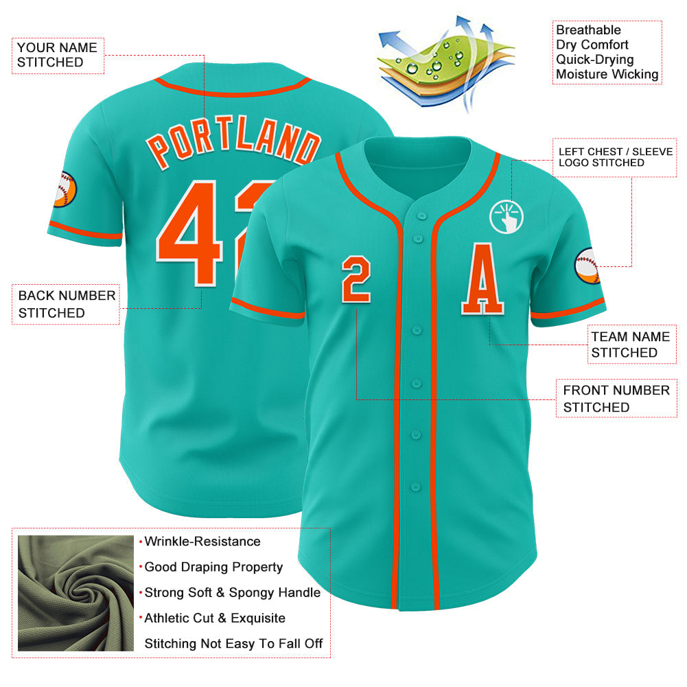 Custom Aqua Orange-White Authentic Baseball Jersey view 2