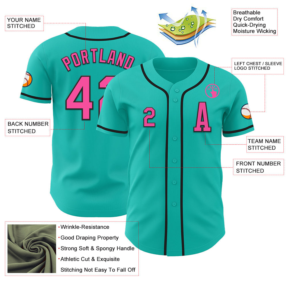 Custom Aqua Pink-Black Authentic Baseball Jersey view 2