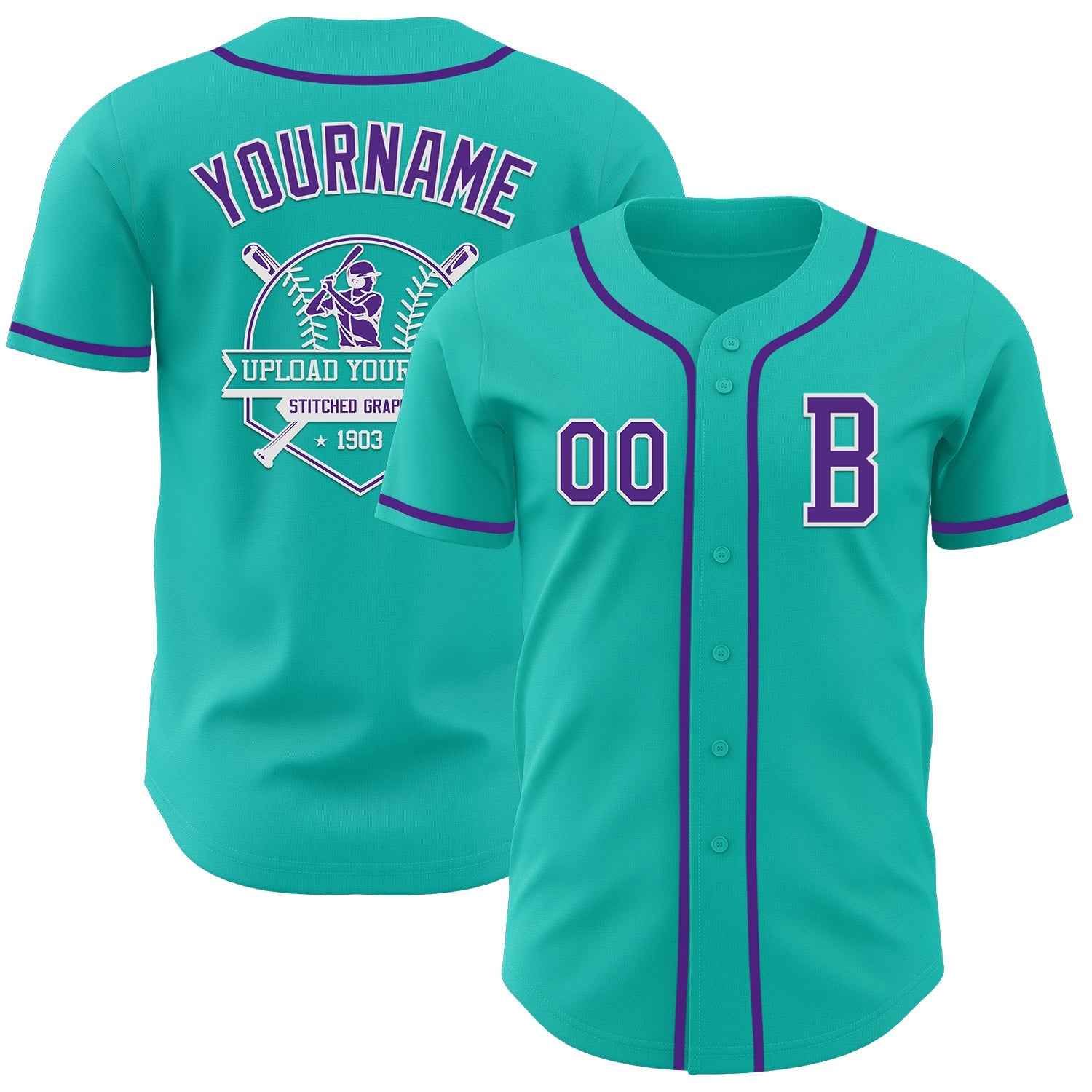 Custom Aqua Purple-White Authentic Baseball Jersey view 5