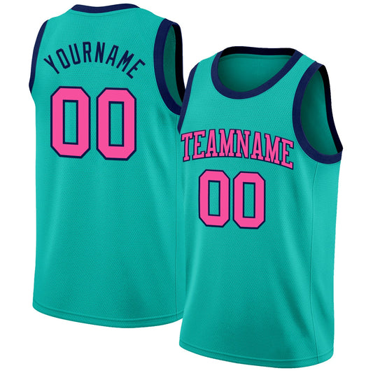 Custom Aqua Pink-Navy Authentic Basketball Jersey - Main View