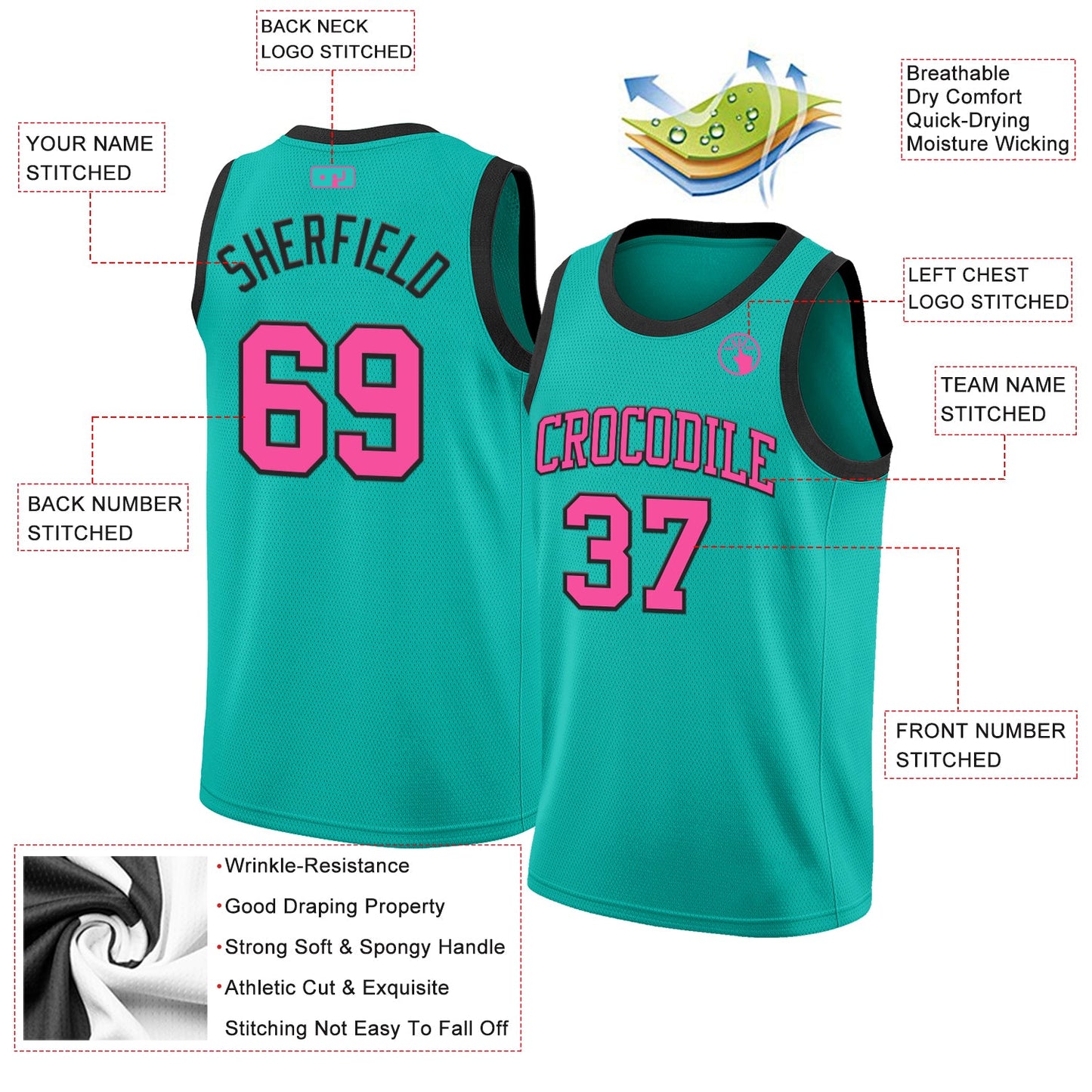 Custom Aqua Pink-Black Authentic Basketball Jersey view 2