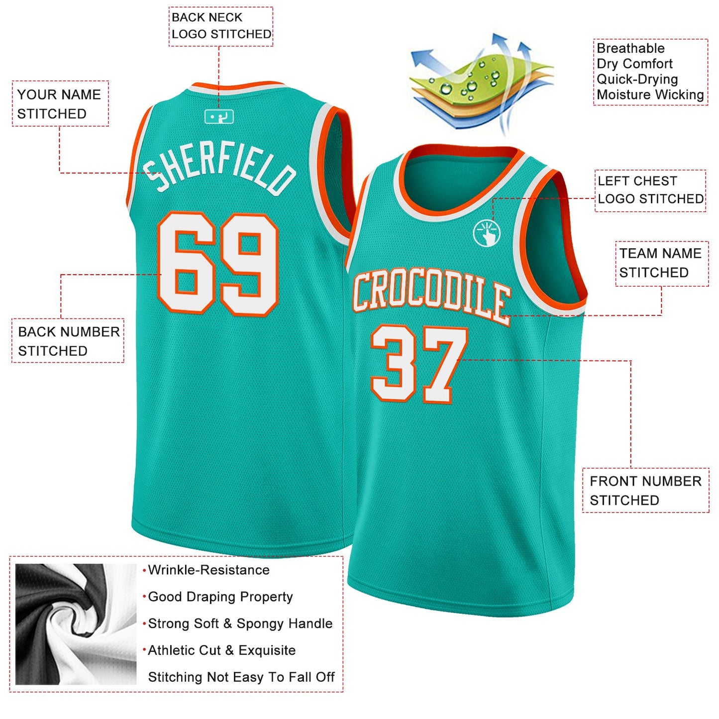 Custom Aqua White-Orange Authentic Basketball Jersey view 2