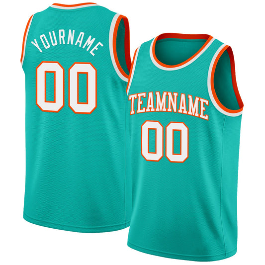 Custom Aqua White-Orange Authentic Basketball Jersey - Main View