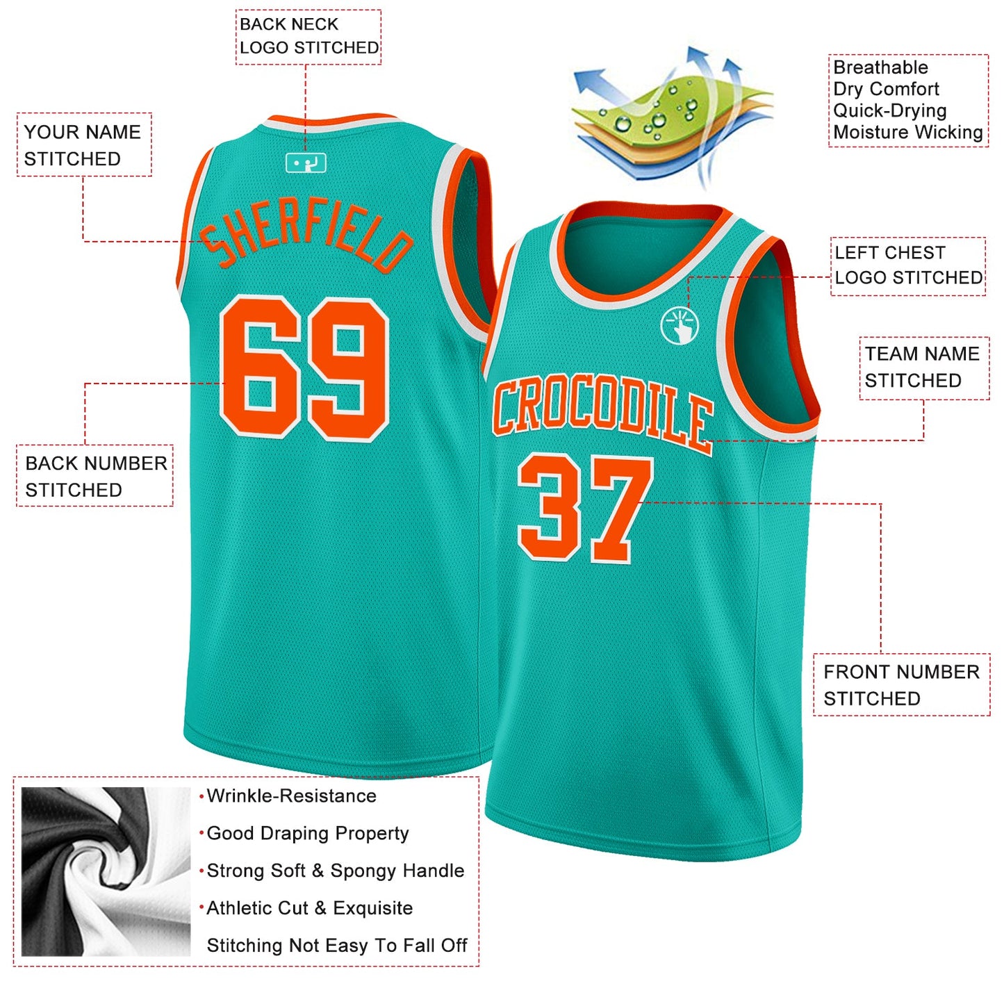 Custom Aqua Orange-White Authentic Basketball Jersey view 2