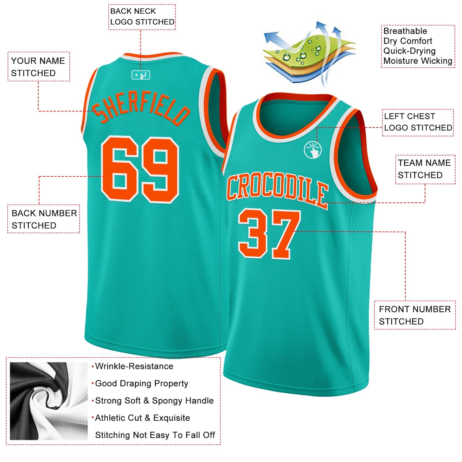 Custom Aqua Orange-White Authentic Basketball Jersey view 2