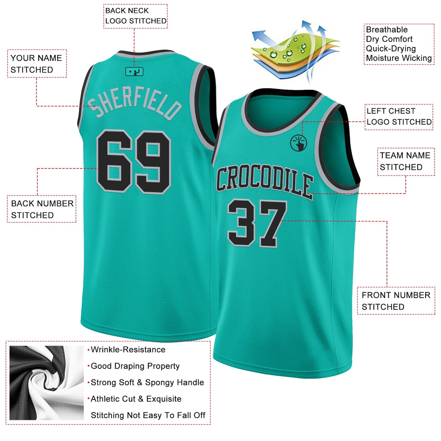 Custom Aqua Black-Gray Authentic Basketball Jersey view 2