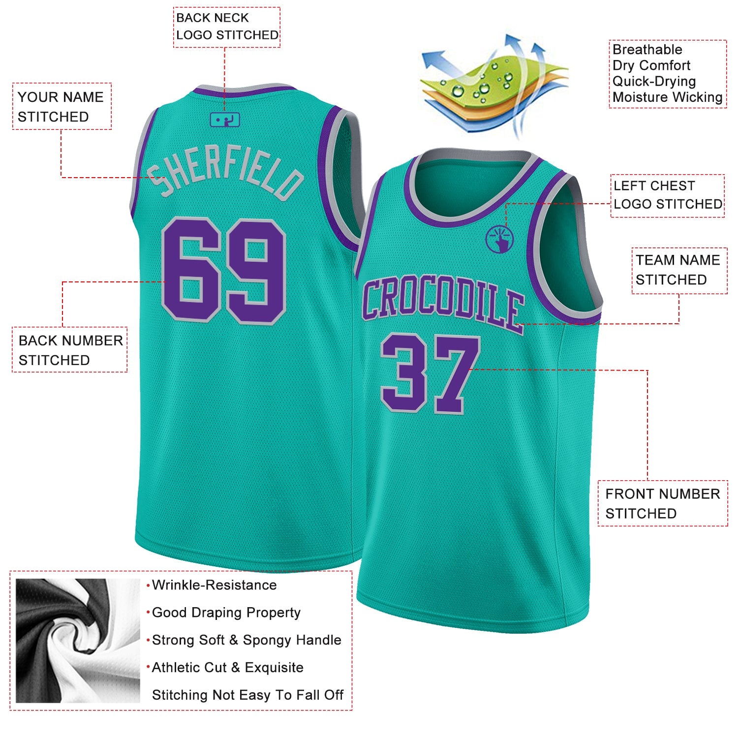 Custom Aqua Purple-Gray Authentic Basketball Jersey view 2