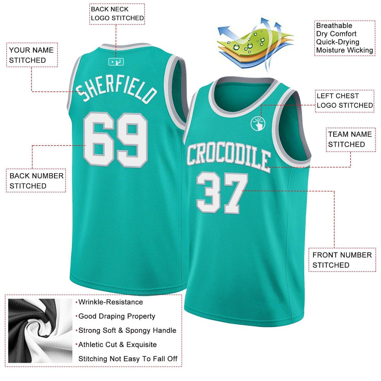 Custom Aqua White-Gray Authentic Basketball Jersey view 2